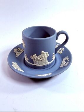 Vintage Wedgwood Jasper Ware Blue White Demitasse Tea Cup Saucer England Matte